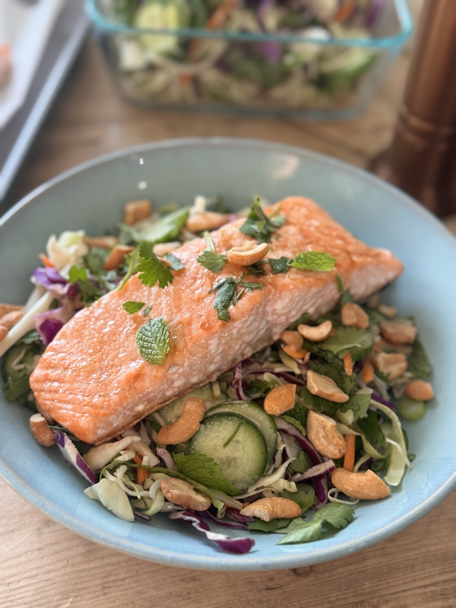 Salmon with Cabbage Slaw and Ginger Cashew Vinaigrette&nbsp;