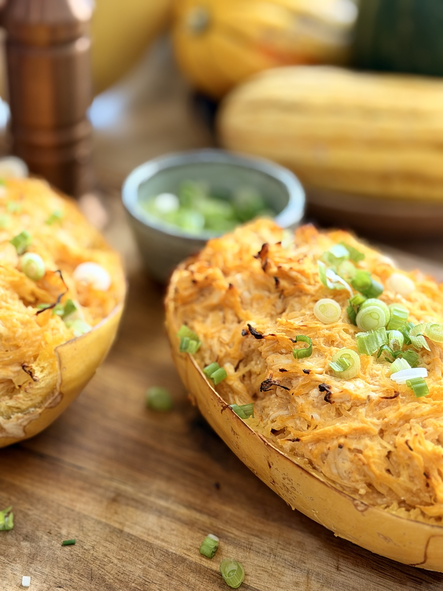 Creamy Buffalo Chicken Spaghetti Squash Boats